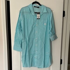 Lauren Ralph Lauren Men's Turquoise and White Stripe Button-Down Shirt